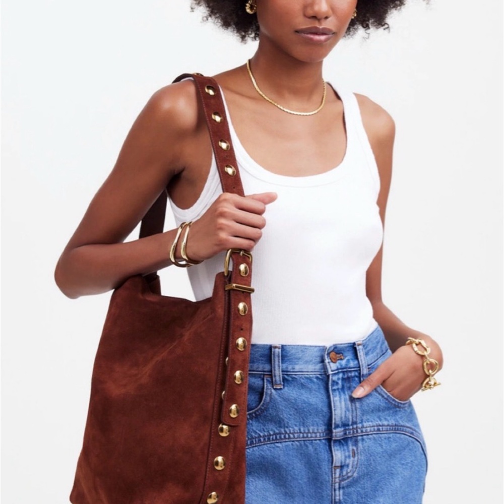 Brown Suede and Rivet Bucket Bag
